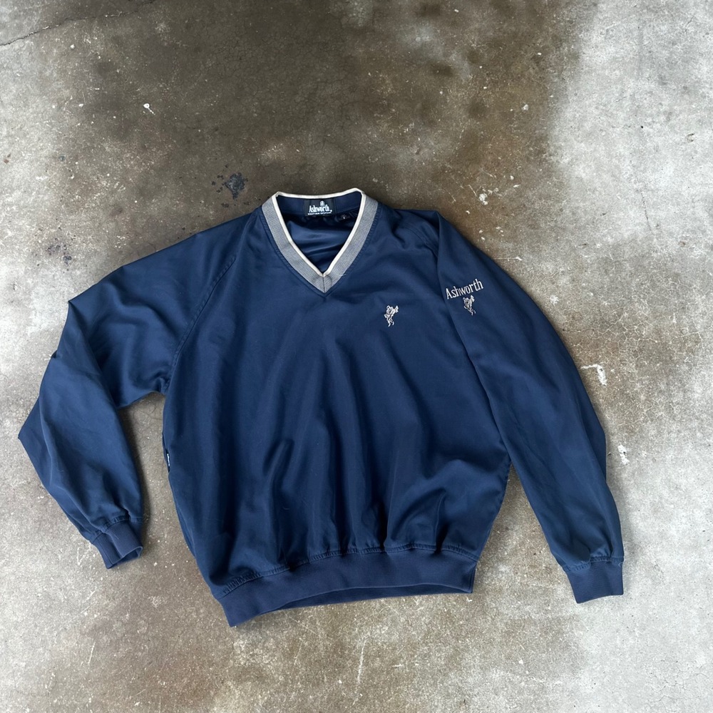 Ashworth Windbreaker Pullover Mens Small Navy Blue Excellent V-Neck Golf Jacket
